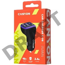 Адаптер CANYON Universal 3xUSB car adapter, Input 12V-24V, Output DC USB-A 5V/2.4A(Max) + Type-C PD 18W, with Smart IC, Black+Purple with rubber coating, 71*39*26.2mm, 0.028kg
