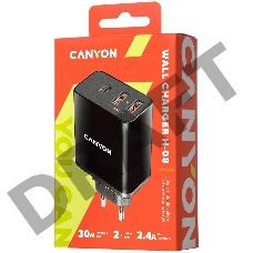 Сетевой адаптер CANYON Universal 3xUSB AC charger (in wall) with over-voltage protection(1 USB-C with PD Quick Charger), Input 100V-240V, Output USB-A/5V-2.4A+USB-C/PD30W, with Smart IC, Black Glossy Color+orange plastic part of USB, 96.8*52.48*28.5mm, 0.