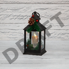 Декоративный фонарь со свечкой и шишкой, черный корпус, размер 10,7x10,7x23,5 см, цвет теплый белый