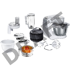 Кухонный комбайн BOSCH  MUM58243, 1000Вт, цвет: белый/серебристый, корпус пластик, чаша нерж.ст. 3,9 л, 7 скор+импульс. Комплектация:  2 венчика, крюк для теста, блендер пластик 1,25л, универсальная резка с 3 дисками, пресс для цитрусовых, дополнительная 