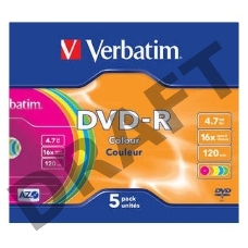 Диск DVD-R Verbatim 4.7Gb 16x Slim Color (5шт) 43557