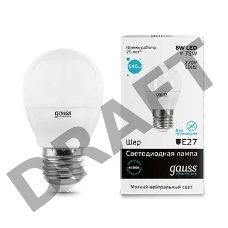 Светодиодная лампа GAUSS 53228 LED Elementary Шар 8W E27 540lm 4100K 1/10/100 0