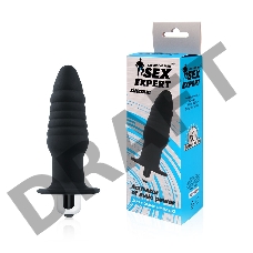 Черная ребристая вибровтулка с ограничителем - 9 см.