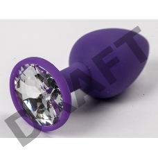 Фиолетовая силиконовая анальная пробка с прозрачным стразом - 7,1 см.