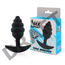 Черная ребристая анальная втулка с ограничителем - 9 см.