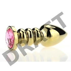 Золотистая фигурная анальная пробка с розовым стразом - 10,3 см.