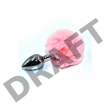 Серебристая округлая анальная пробка с заячьим хвостиком розового цвета - 11,5 см.