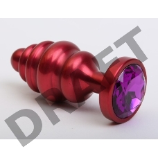 Красная ребристая анальная пробка с фиолетовым стразом - 7,3 см.