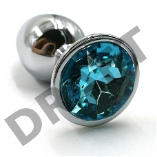 Серебристая алюминиевая анальная пробка с голубым кристаллом - 6 см.