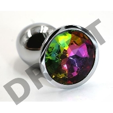 Серебристая алюминиевая анальная пробка с радужным кристаллом - 6 см.