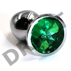 Серебристая алюминиевая анальная пробка с изумрудным кристаллом, 6 см, диаметр 2.8 см