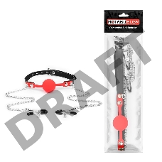 Красный кляп-шарик с зажимами на соски на металлической цепочке